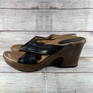 Dansko Women's Black Leather Criss-Cross Strap Wedge Sandals EU 38 US 7.5 Slip